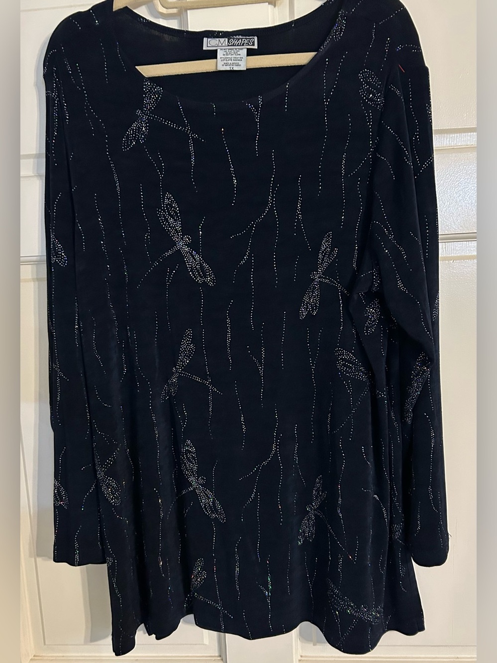 C.M. Shapes Navy Blue Dragonfly Rhinestone Sparkle Tunic Top Size 1X
